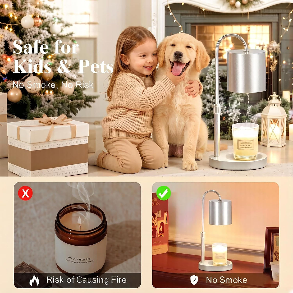 Dreamholder Electric Candle Warmer Lamp with Timer, Dimmable Candle Lamp with Adjustable Height, Wax Melter for Jar Candles Wood Base Floral Home Decor Gifts for Women Mom, Silver Glass