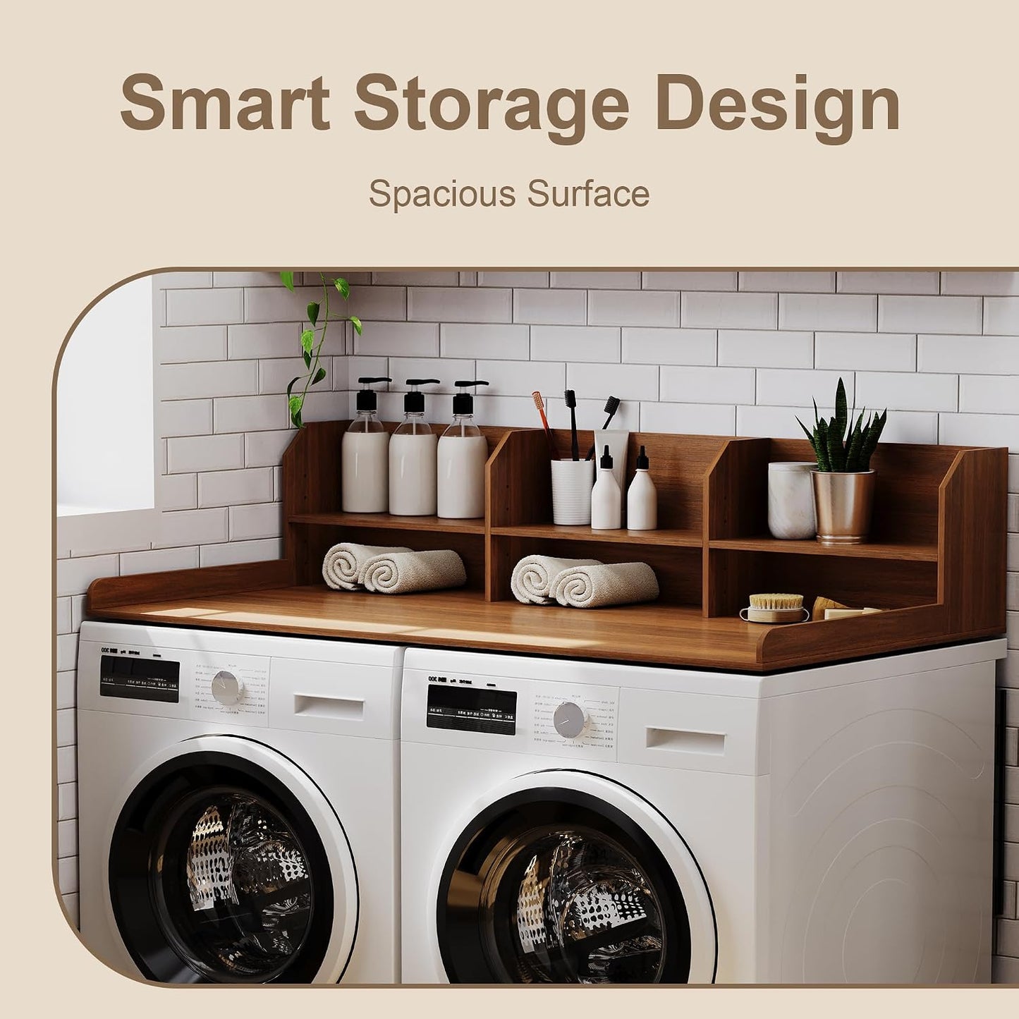 ChooChoo Washer Dryer Countertop, Adjustable Shelf, 2-Tier | Laundry Room Topper, Spacious Storage, For Folding Clothes & Efficient Organization, Walnut