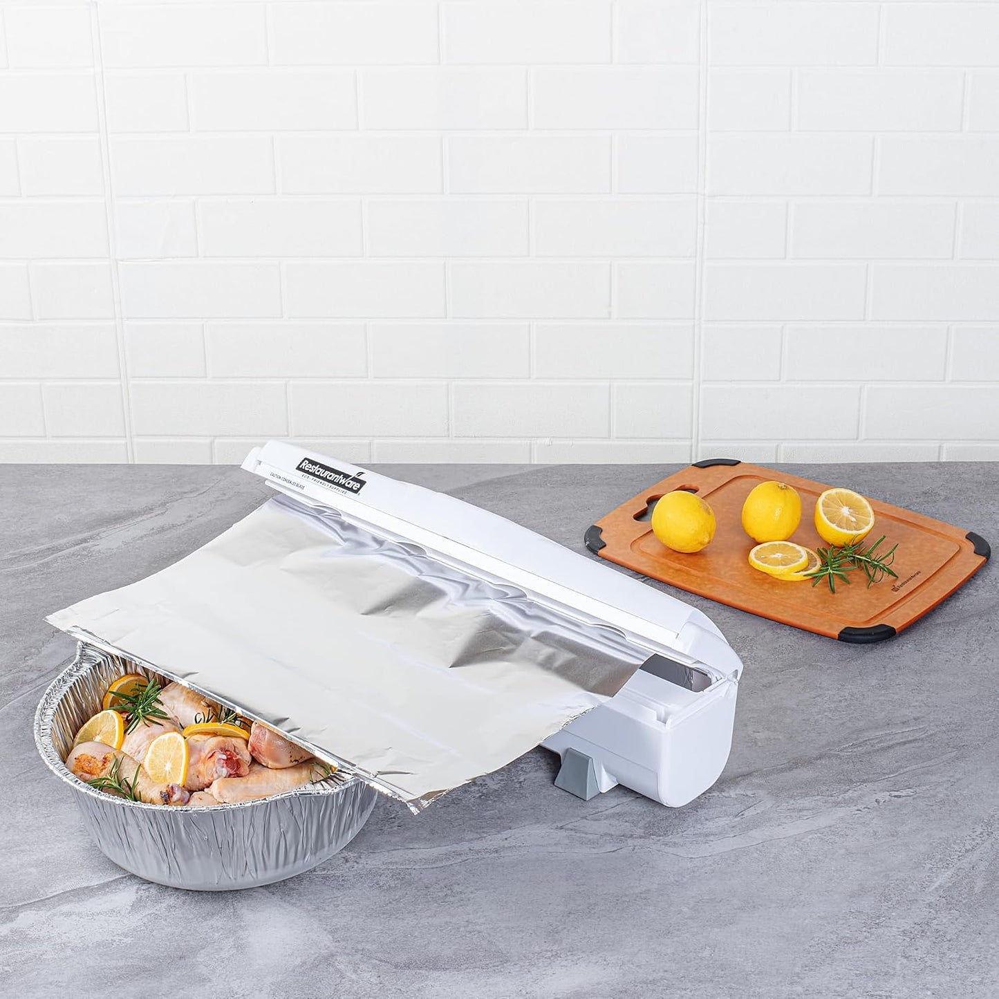 Restaurantware-Chef 101 Food Wrap Dispenser with Cutter, 1 Refillable Cling Wrap Dispenser - Fits 12” to 18” x 1000’ Rolls, Press Down and Cut, White Plastic Aluminum Foil, Sharp Blade