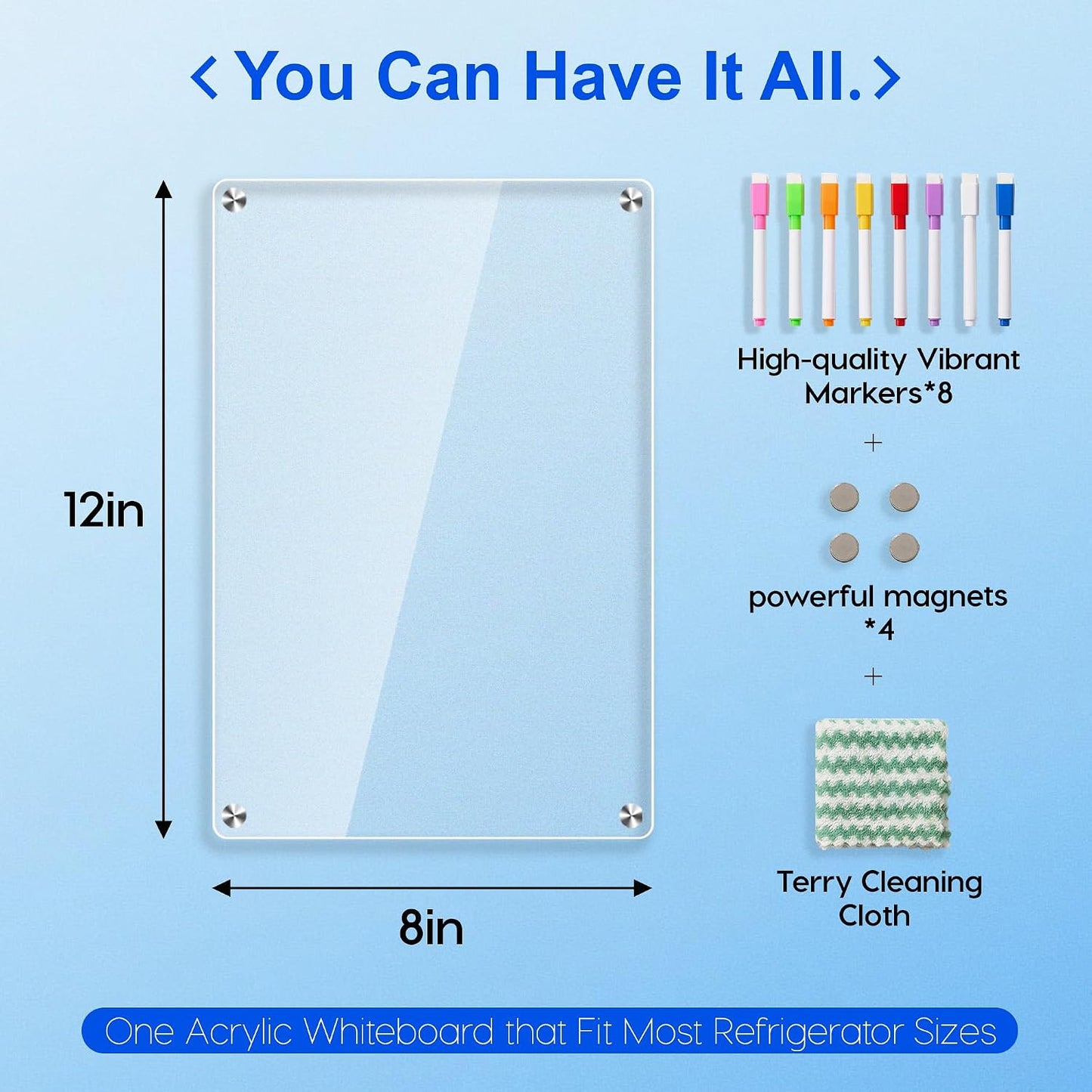 1pack Acrylic Magnetic Fridge Whiteboard,Clear Dry Erase Menu Board, White | Meal Planner With 8 Bright Markers & 1 Towel, To Do List, Planner Board & Grocery List For Kitchen Organization