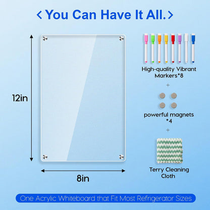 1pack Acrylic Magnetic Fridge Whiteboard,Clear Dry Erase Menu Board, White | Meal Planner With 8 Bright Markers & 1 Towel, To Do List, Planner Board & Grocery List For Kitchen Organization