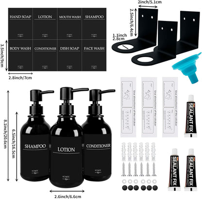 3 Pack Wall Mount Shower Dispenser, No Drill, 16 Waterproof Labels | Shampoo Dispenser for Shower Wall, Shampoo and Conditioner Dispenser, Bathroom, 17oz, Gold Amber