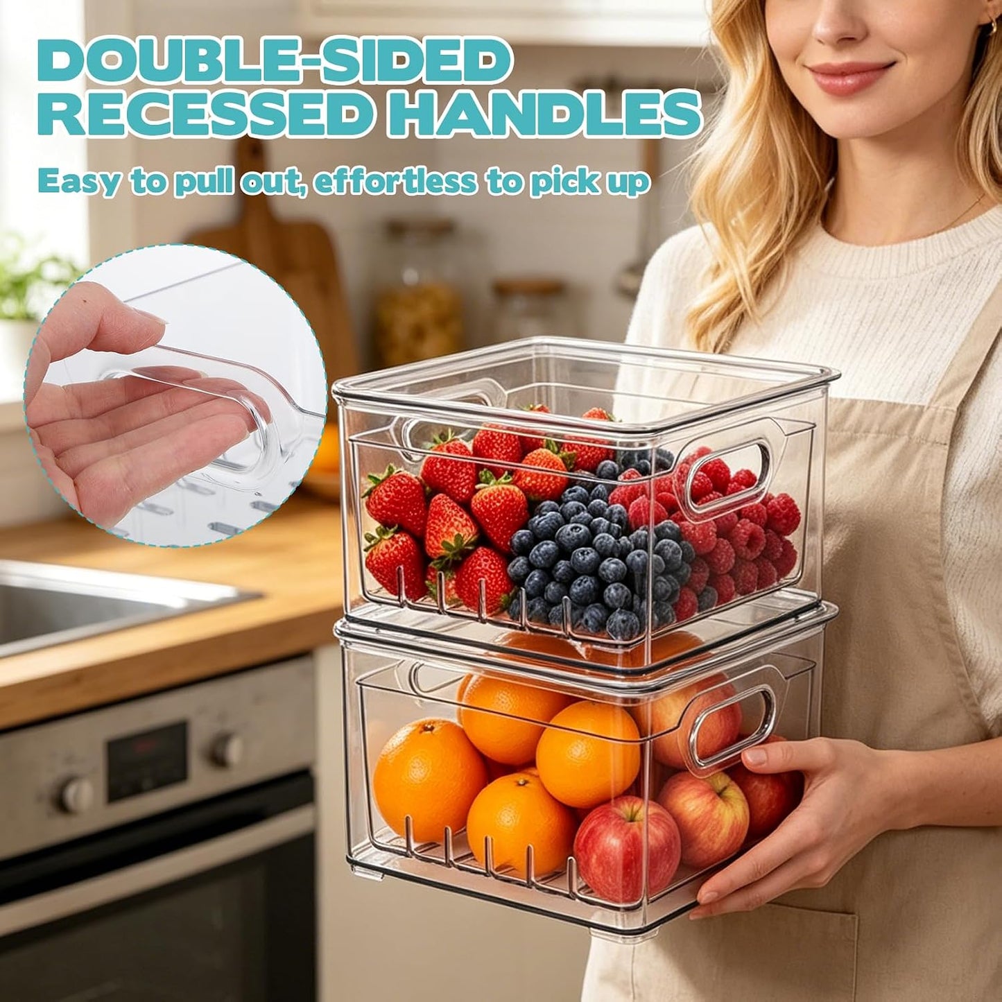 2 Pcs Transparent PET Fruit Draining, Washing Colander Food Storage Boxes, Plastic Cookie Containers, Refrigerator Organizers for Kitchen, Pantry, Vegetables, Fruits(2 Square)