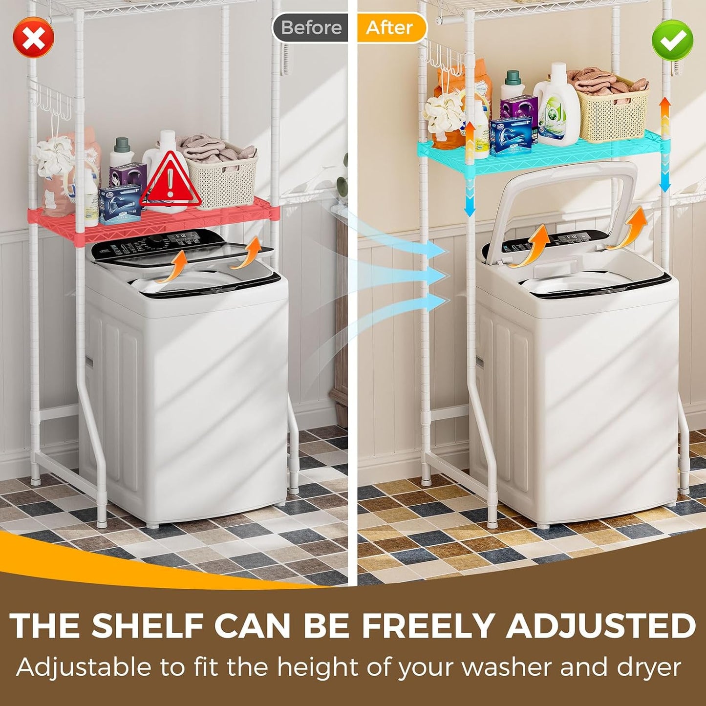 Golpart Laundry Organizer Shelves Over the Washer and Dryer Storage Shelf | Heavy Duty Laundry Room Organization Clothes Drying Rack Adjustable Height Wire Shelving and Wire Basket with Hanger Rod