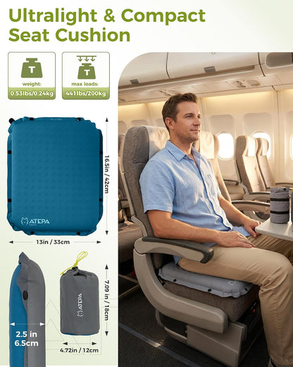 ATEPA Inflatable Seat Cushion | 2" & 2.5" foam core seat pad, Self inflating, Compact, Stadium, Airplane, Travel, Camping, Hiking, Sports events
