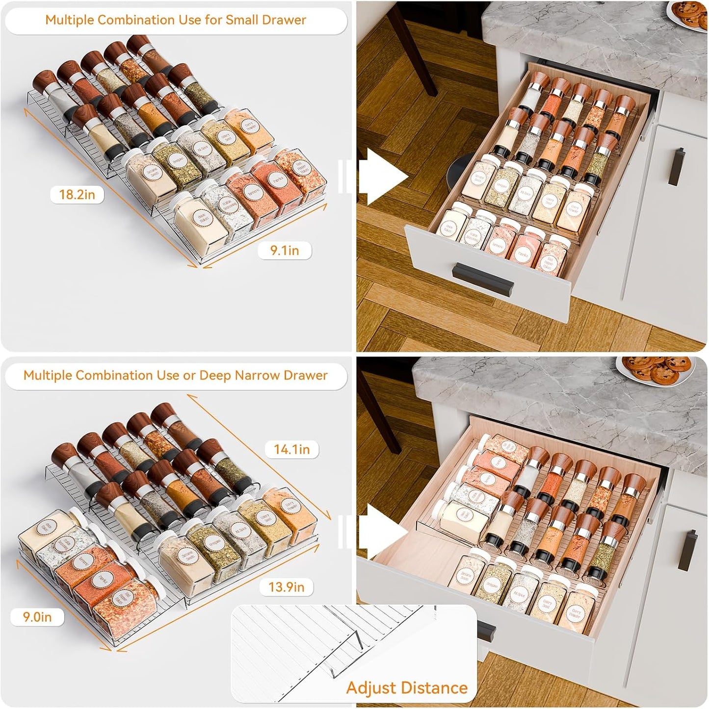 8 Pack Adjustable In Drawer Spice Organizer - Expandable From 11'' to 22'' - Acrylic Drawer Seasoning Organizer,Clear Spice Organization Tray for Cabinet Drawers Condiment,Nail Polish and Jar