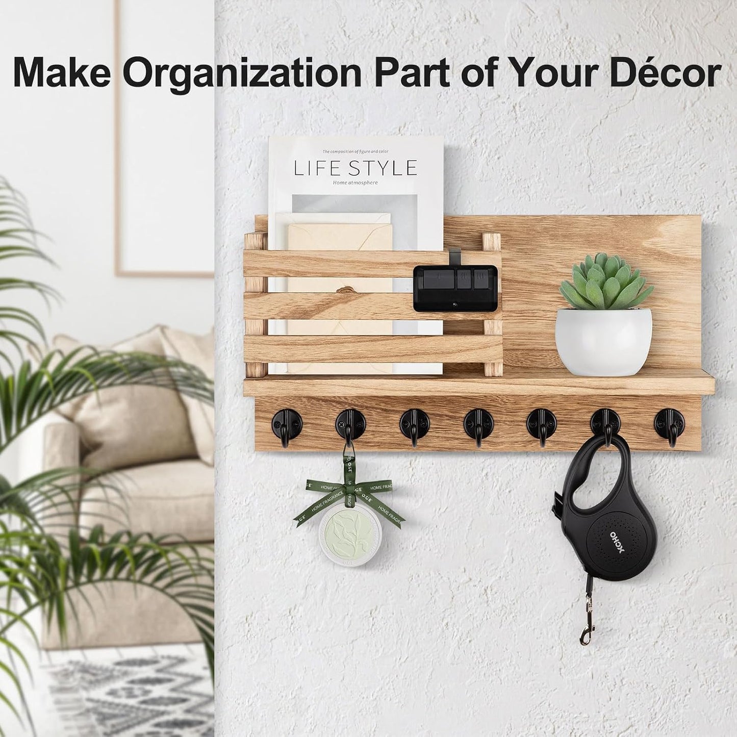 Lwenki Key Holder for Wall – Decorative Wooden Mail Holder and Key Shelf with Mounting Hardware, Installation Guide – Paulownia Wood with Metal Key Hooks (Black, Large - 11.8inch)