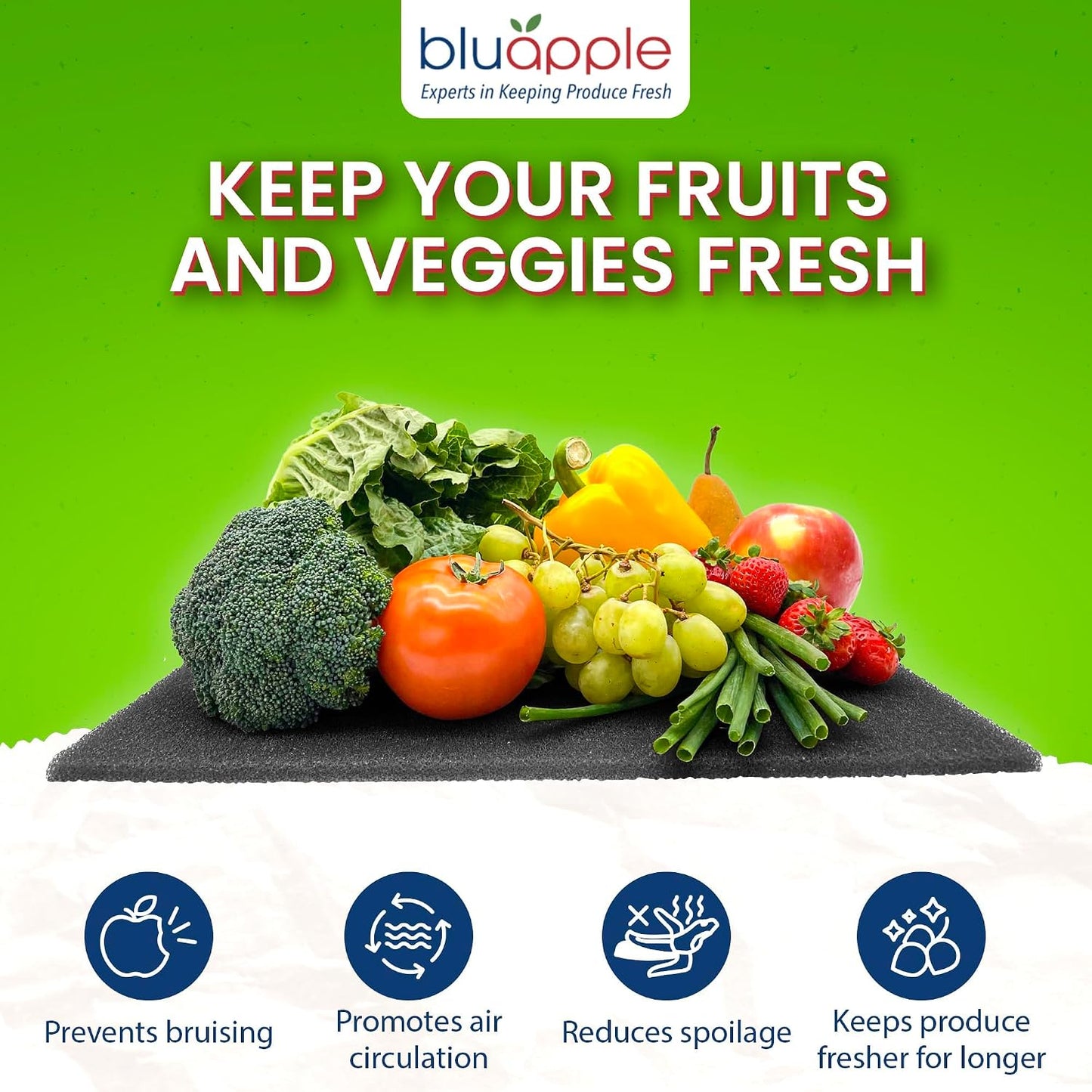 Bluapple FreshMats - Refrigerator Bin Liners, Fridge Drawer Mats - Keeps Produce Fresh Longer, Prevents Bruising, Promotes Air Circulation - BPA-Free Polyurethane Foam - (4-Piece Set, 12"x15", Green)