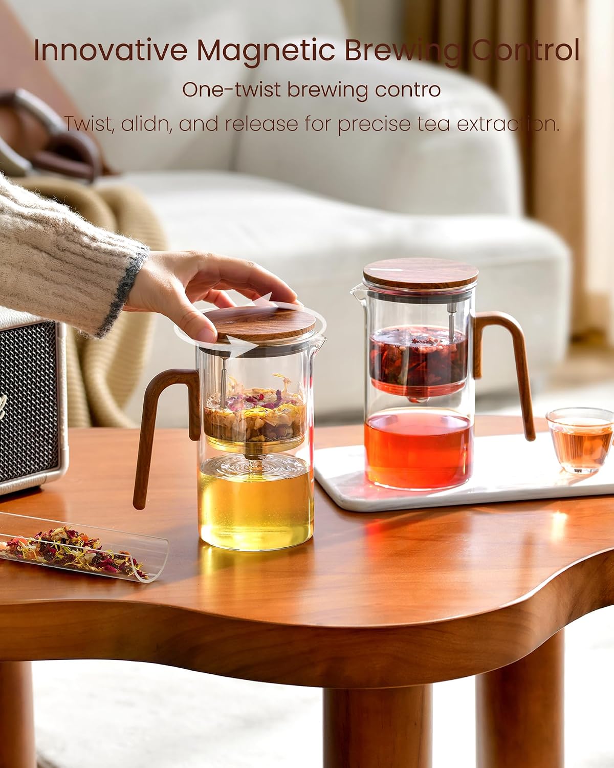 ZENS Magnetic Glass Infuser Teapot for Loose Tea, 27oz Walnut Wood Handle | Magic Teapot with Infuser, Echanted Tea Maker, Mess-Free Loose Leaf Tea Diffusers for Tea lover Gifts