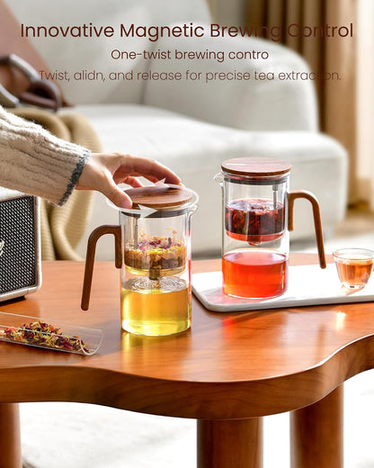 ZENS Magnetic Glass Infuser Teapot for Loose Tea, 27oz Walnut Wood Handle | Magic Teapot with Infuser, Echanted Tea Maker, Mess-Free Loose Leaf Tea Diffusers for Tea lover Gifts