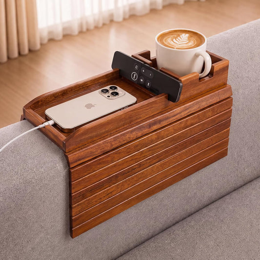 Bamboo Couch Arm Tray Table with Built-in Cup Holder, Foldable Anti-Slip Sofa Armrest Table for Drinks, Phone & Remote, Fits 4.7–16.9 in Armrests, Holds Cups up to 3.5 in Diameter (Bamboo)