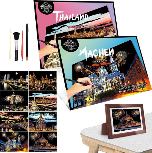 Scratch Paper Art Scratch Painting for Adults/Teens Colorful City Series 4 | Rainbow Scratch Paper Art Kit, Calming Craft Supplies for Adults, Meditation Hobby, Screen Free Activity and Wall Decor
