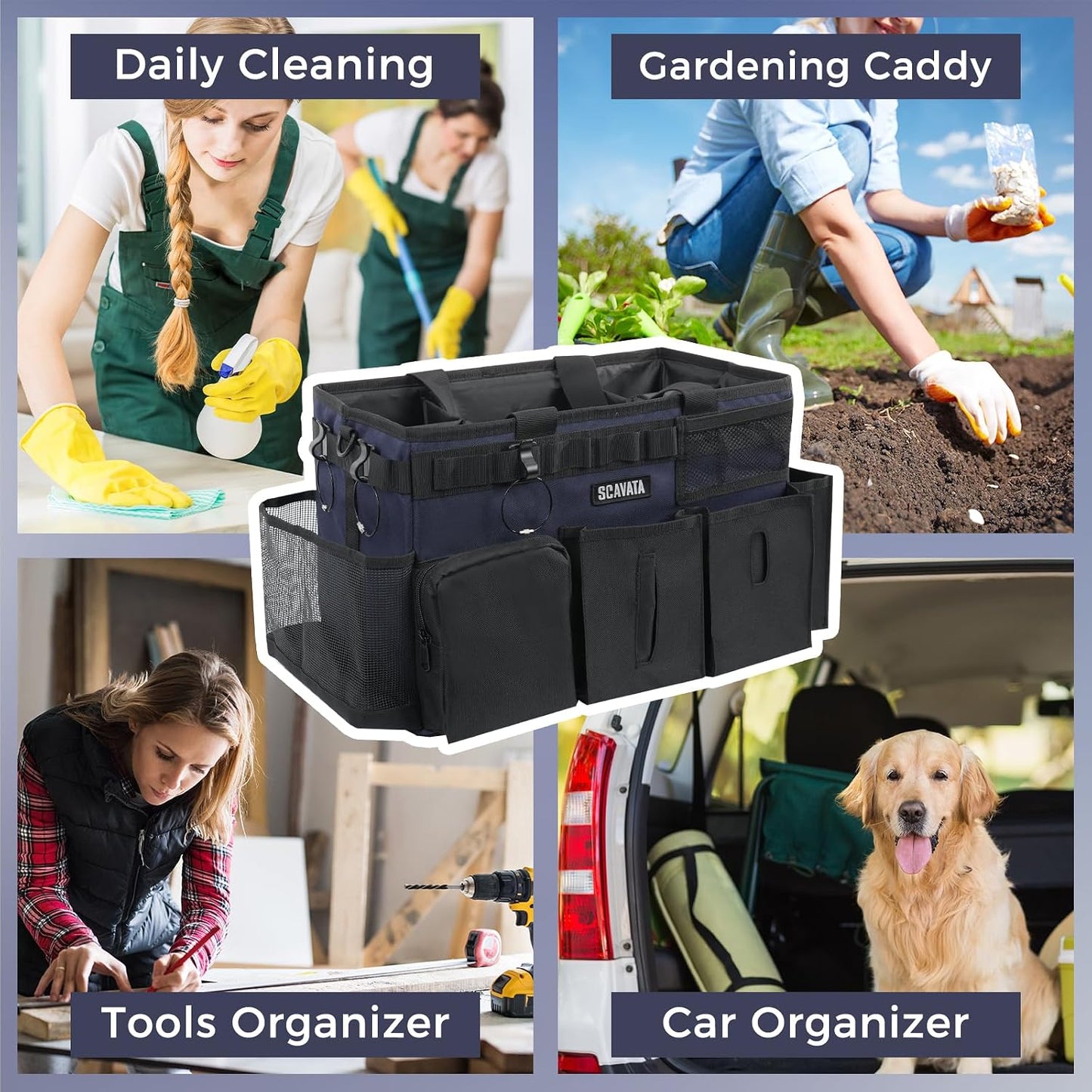 SCAVATA Wearable Cleaning Caddy Bag, Cleaning Caddy Supplies Organizer with Handle & Shoulder Straps for Housekeepers, Under Sink & Car Cleaning Tool Organizers with 4 Foldable Divider (Lake Blue)