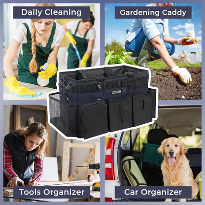 SCAVATA Wearable Cleaning Caddy Bag, Cleaning Caddy Supplies Organizer with Handle & Shoulder Straps for Housekeepers, Under Sink & Car Cleaning Tool Organizers with 4 Foldable Divider (Lake Blue)