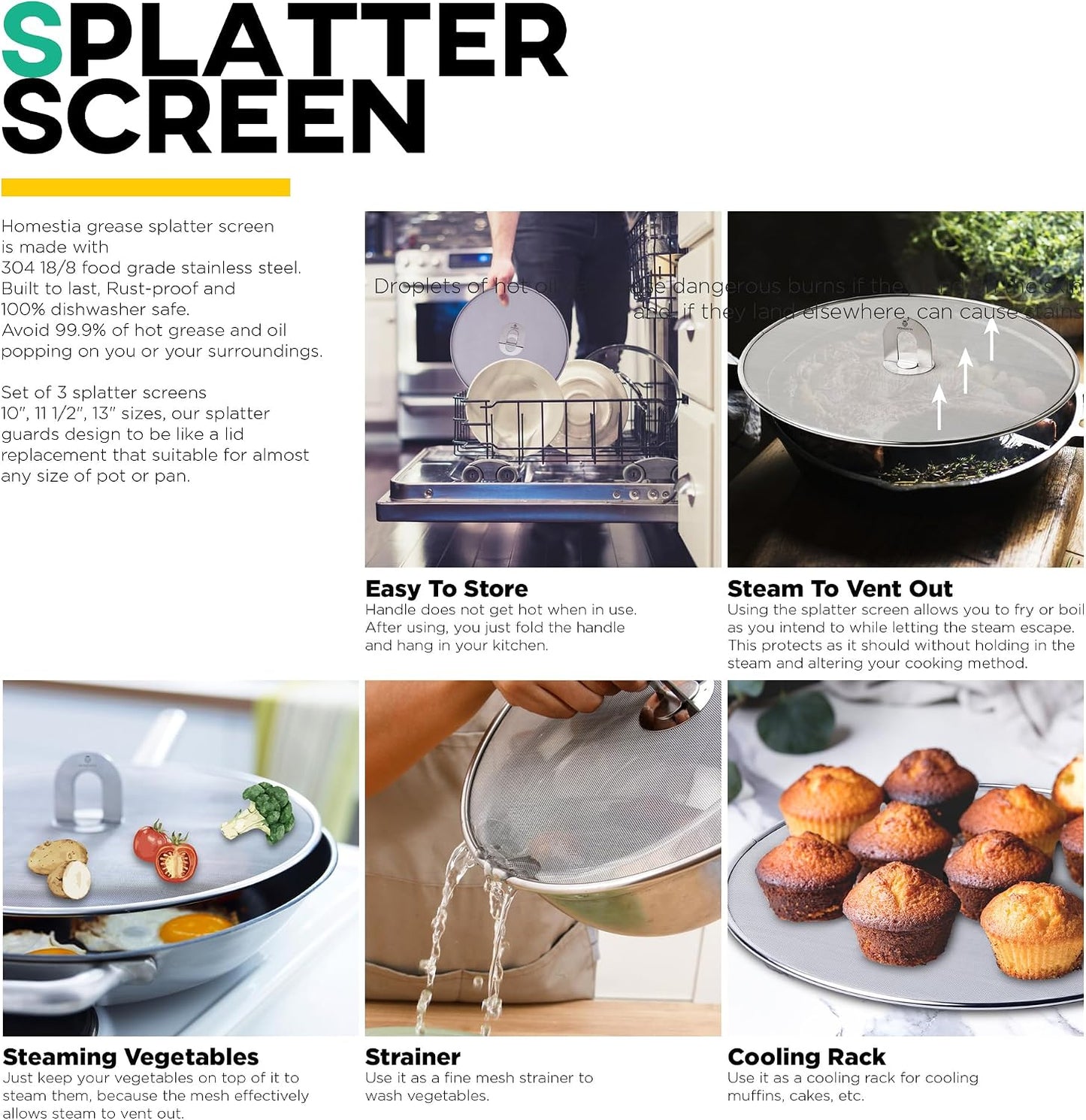 Homestia Splatter Screen for Frying Pan, 10 Inch Grease Splatter Guard | 304 Stainless Steel Ultra Fine Mesh Lids, Splatter Screen for Cooking, Rust-Free - No Oil Mess, No Burns, with Fold Flat Knob
