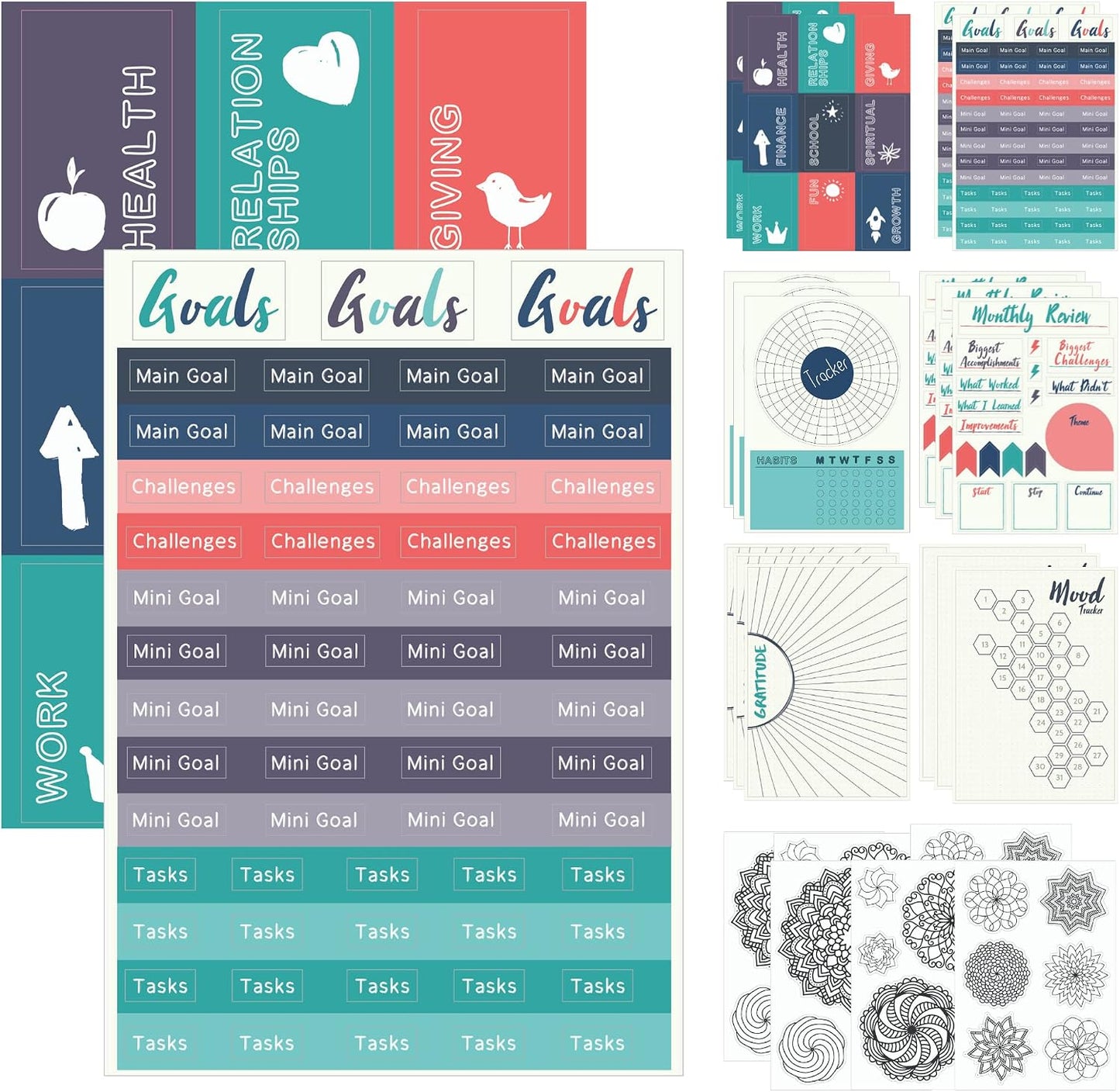 Improve Yourself Planner Stickers Set - Large Value Pack 24 Sheets Self-Improvement Sticker Pack - Goal Setting, Habit Trackers, Gratitude, Mood Tracker, Colorable Mandalas for Bullet Dotted Journals