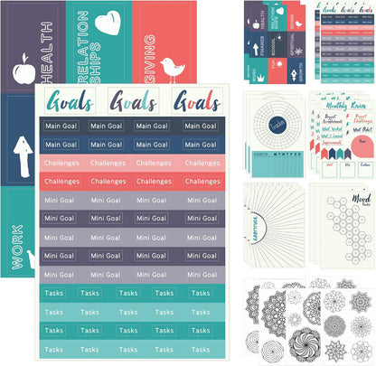 Improve Yourself Planner Stickers Set - Large Value Pack 24 Sheets Self-Improvement Sticker Pack - Goal Setting, Habit Trackers, Gratitude, Mood Tracker, Colorable Mandalas for Bullet Dotted Journals