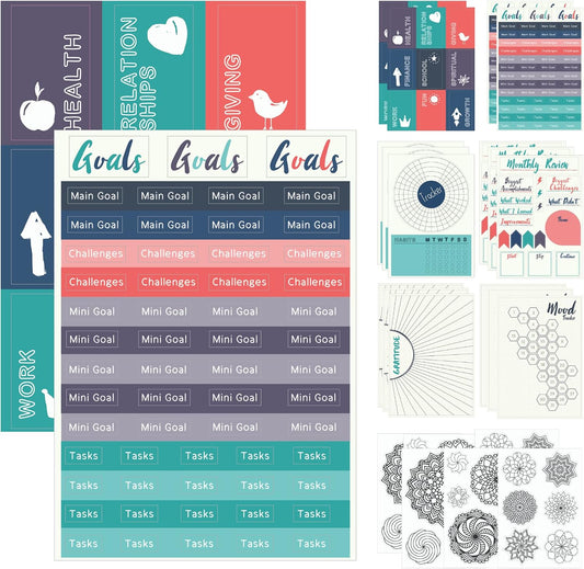 Improve Yourself Planner Stickers Set - Large Value Pack 24 Sheets Self-Improvement Sticker Pack - Goal Setting, Habit Trackers, Gratitude, Mood Tracker, Colorable Mandalas for Bullet Dotted Journals