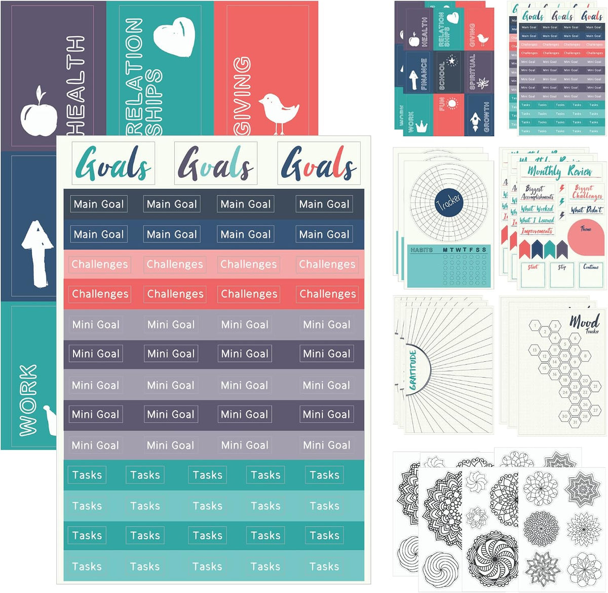 Improve Yourself Planner Stickers Set - Large Value Pack 24 Sheets Self-Improvement Sticker Pack - Goal Setting, Habit Trackers, Gratitude, Mood Tracker, Colorable Mandalas for Bullet Dotted Journals
