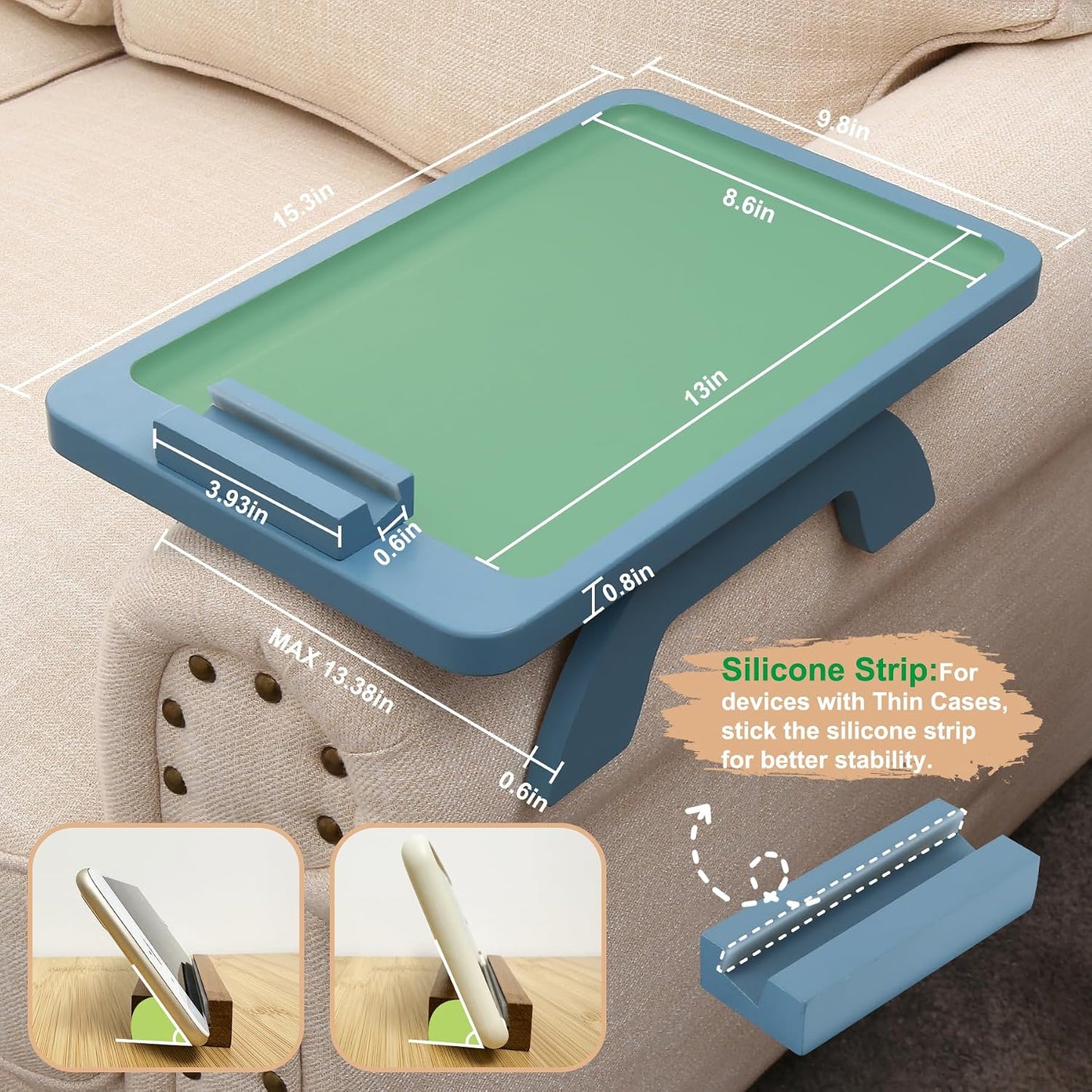 Couch Arm Tray,Bamboo Sofa Clip on Side Table,Foldable Couch Armrest Table with 360°Rotating Phone Holder,Anti Slip Food Trays for Eating/Drinks/Snacks/Remotes 15.35" x 9.85"