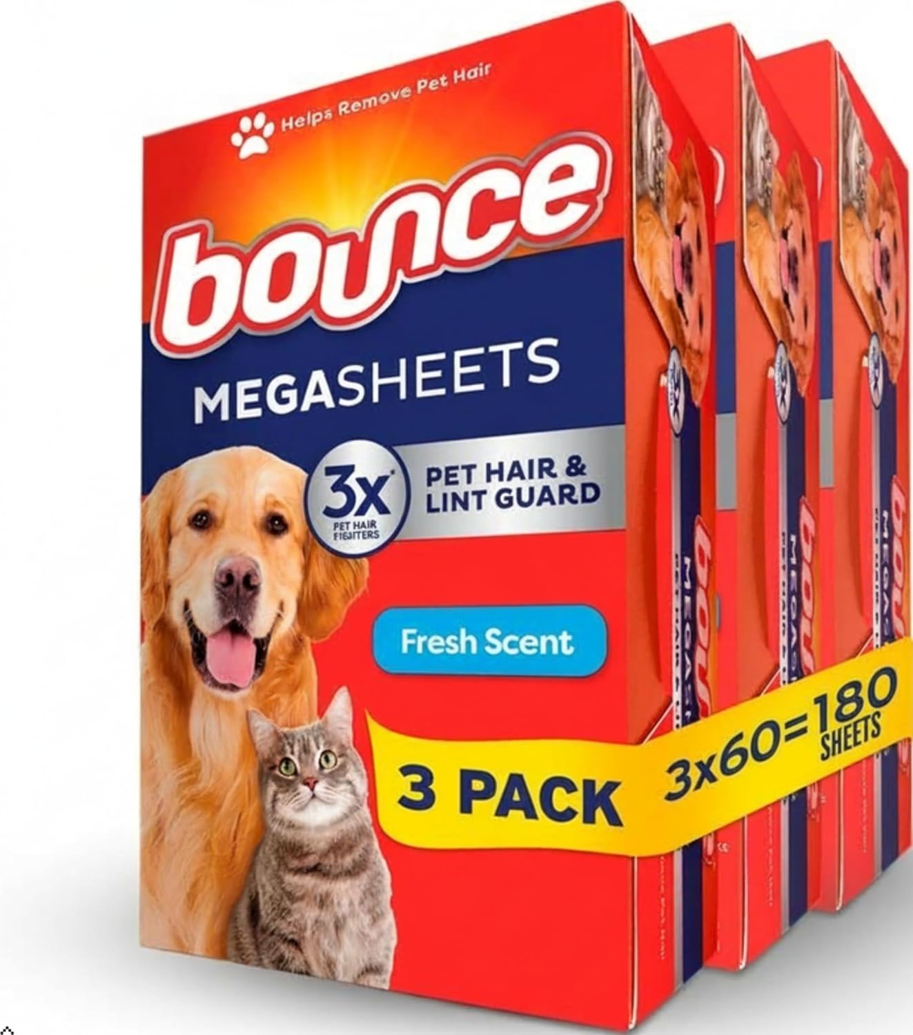 Bounce Pet Hair and Lint Guard Mega Dryer Sheets with 3X Pet Hair Fighters, Fresh Scent, 180 Count