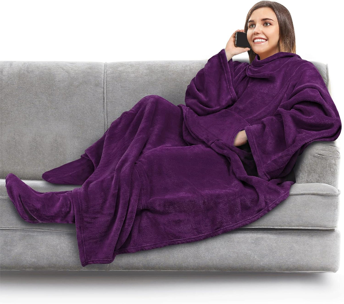PAVILIA Fleece Blanket with Sleeves and Foot Pockets Women Men, Dark Purple