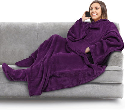 PAVILIA Fleece Blanket with Sleeves and Foot Pockets Women Men, Dark Purple