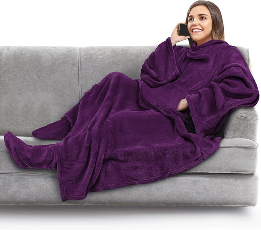 PAVILIA Fleece Blanket with Sleeves and Foot Pockets Women Men, Dark Purple