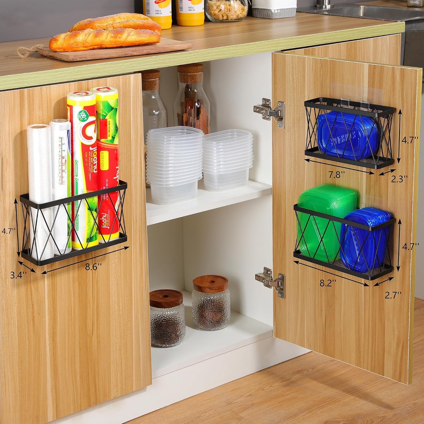 YIGII 3 Pack Adhesive Cabinet Organizer - Pantry Door Organizer Bin Holder for Tupperware Lid Kitchen, Black Stainless Steel