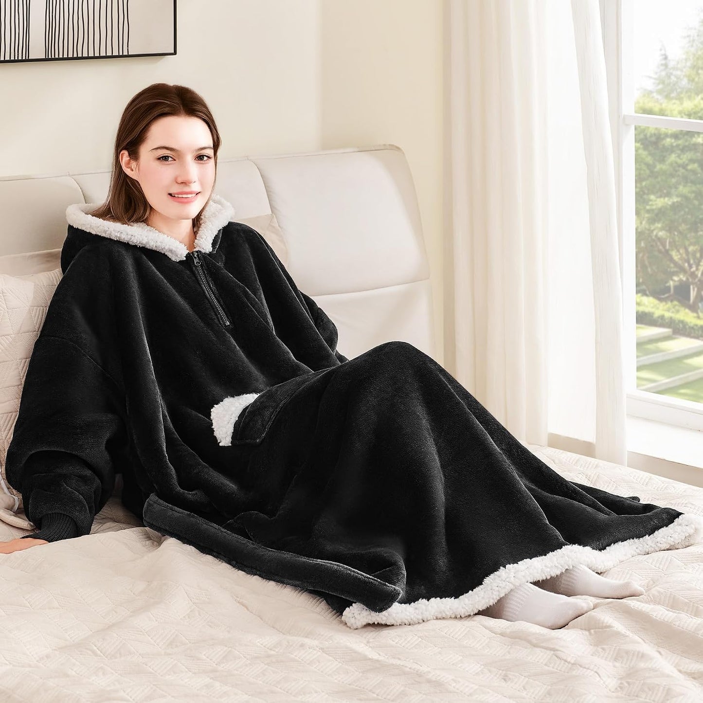 Wearable Blanket Hoodie, Oversized Sherpa Fleece Sweatshirt Blanket with Giant Hood Pocket and Sleeves for Adult, Warm & Cozy Grey Blanket Gifts for Women