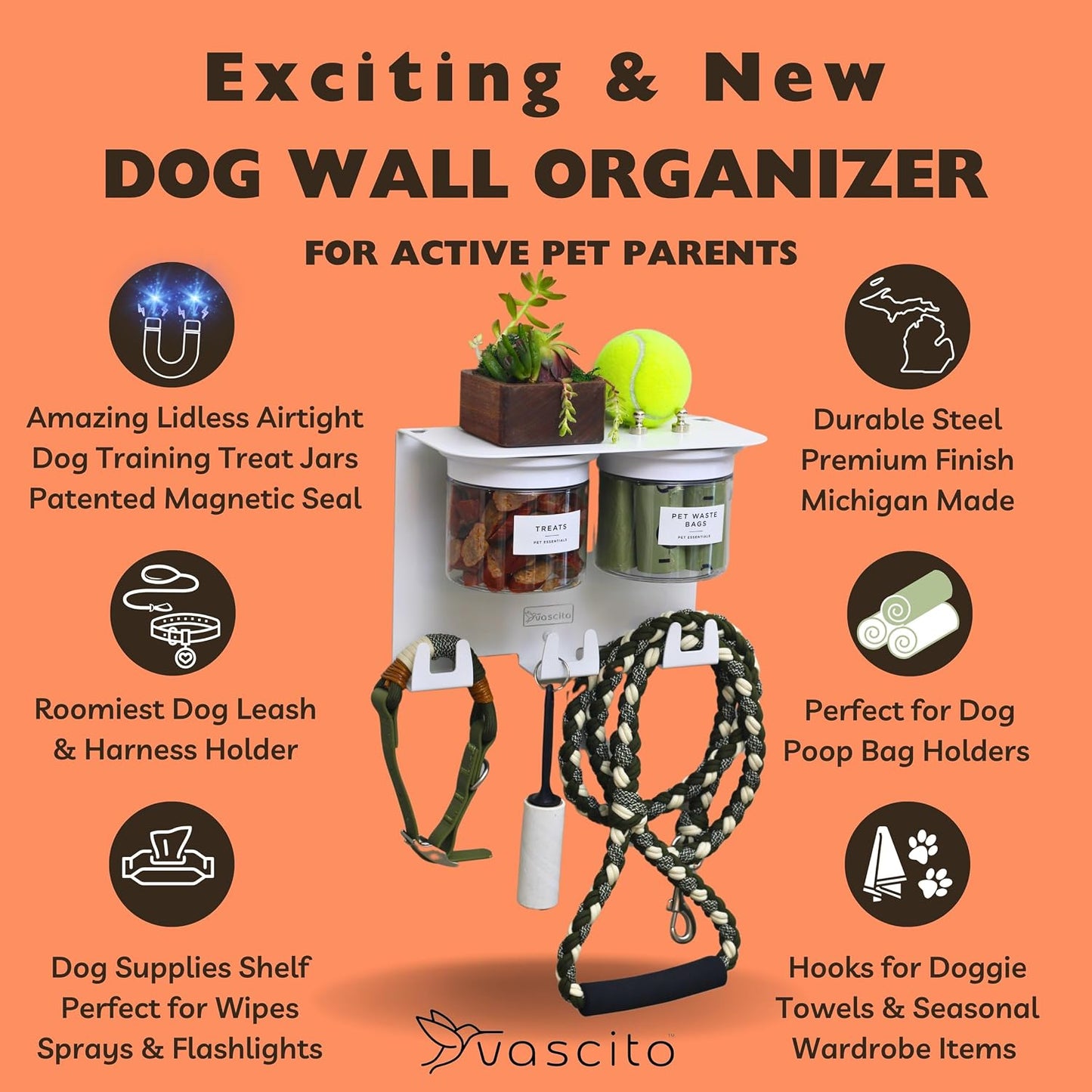 Dog Leash Holder for Wall with Shelf — Wall Mounted Dog Treat Holder & Station, 2 Airtight 32oz Treat Containers, 9 Hooks, Patented Lidless Slide-to-Seal Jars, Solid Steel, Made in USA