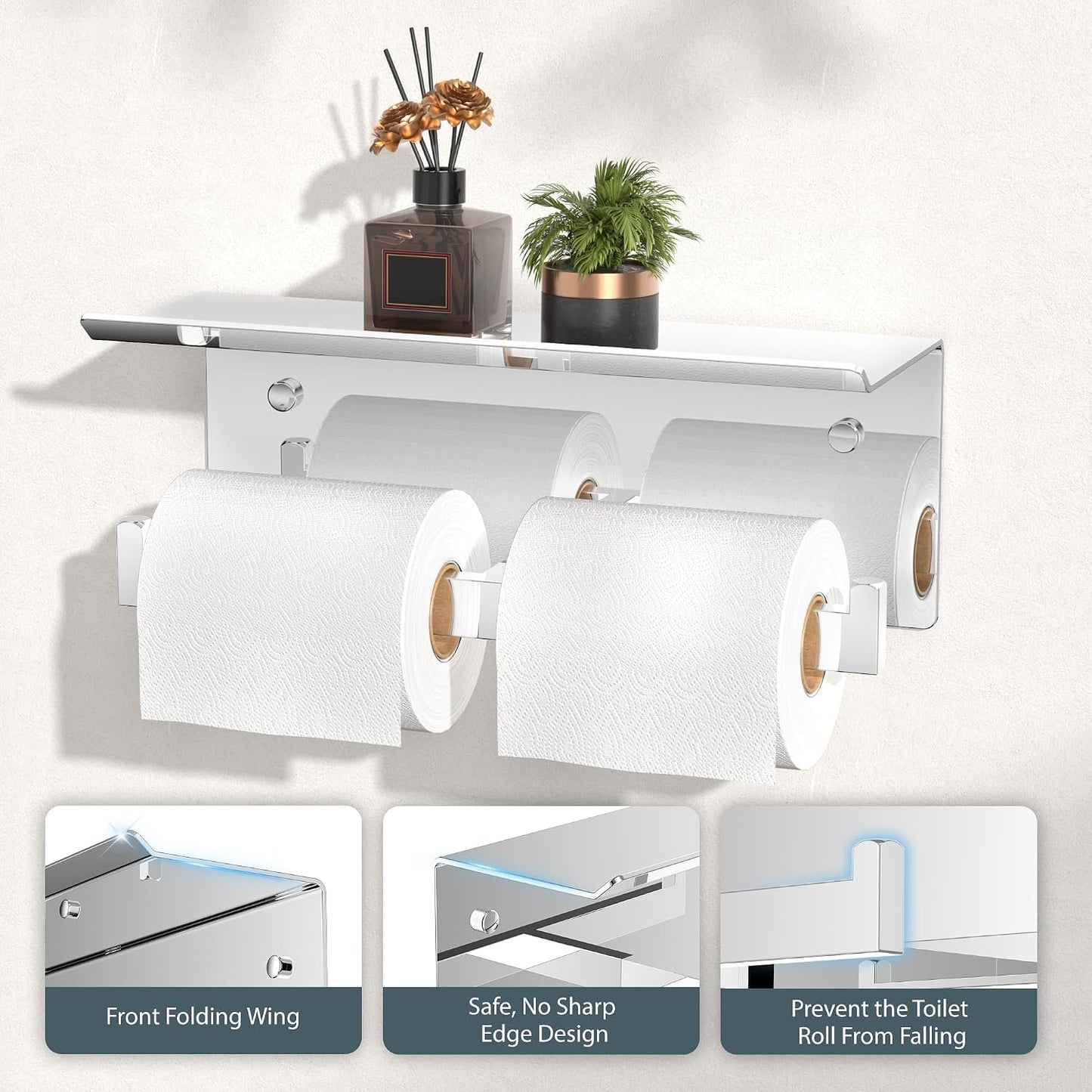 FORIOUS Toilet Paper Holder with Shelf, Commercial Toilet Paper Dispenser | Brushed Nickel | SUS304 Stainless Steel Wall Mount Double Bathroom Tissue Roll Holder for Hotel, Apartments, etc