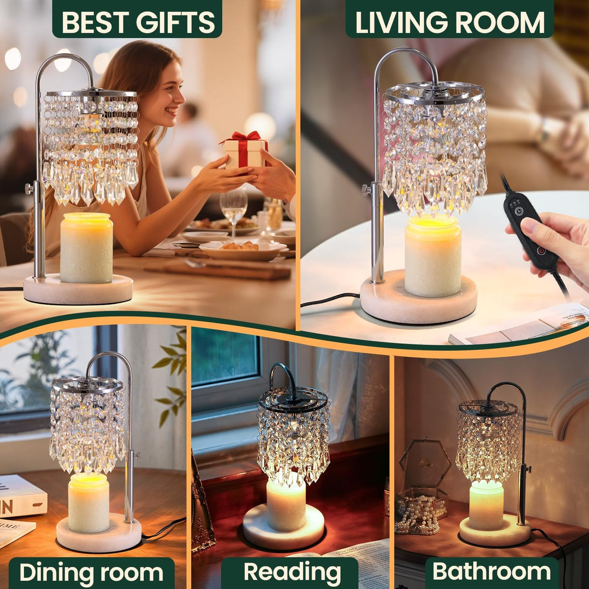 Candle Warmer Lamp with Timer Dimmer，2H/4H/8H Timer , Lamp Candle Warmer with Marble Base for Adjustable Height, Crystal Wax Melt Warmer for Jar Candles, House Warming Decor Gifts Mothers Day Gifts