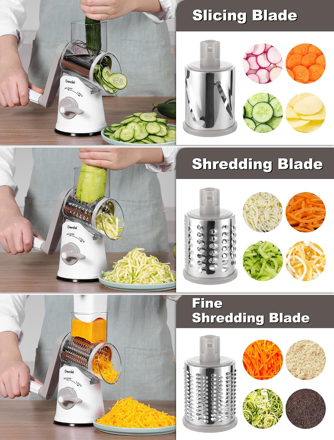 Geedel Rotary Cheese Grater, Kitchen Mandoline Vegetable Slicer with 3 Interchangeable Blades, Easy to Clean Rotary Grater Slicer for Fruit, Vegetables, Nuts | 3 Blades, 430 Stainless Steel, 12x Fast Cutting, Strong Suction Base, No BPA, Dishwasher Safe,