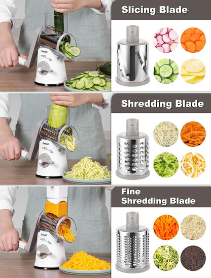 Geedel Rotary Cheese Grater, Kitchen Mandoline Vegetable Slicer with 3 Interchangeable Blades, Easy to Clean Rotary Grater Slicer for Fruit, Vegetables, Nuts | 3 Blades, 430 Stainless Steel, 12x Fast Cutting, Strong Suction Base, No BPA, Dishwasher Safe,