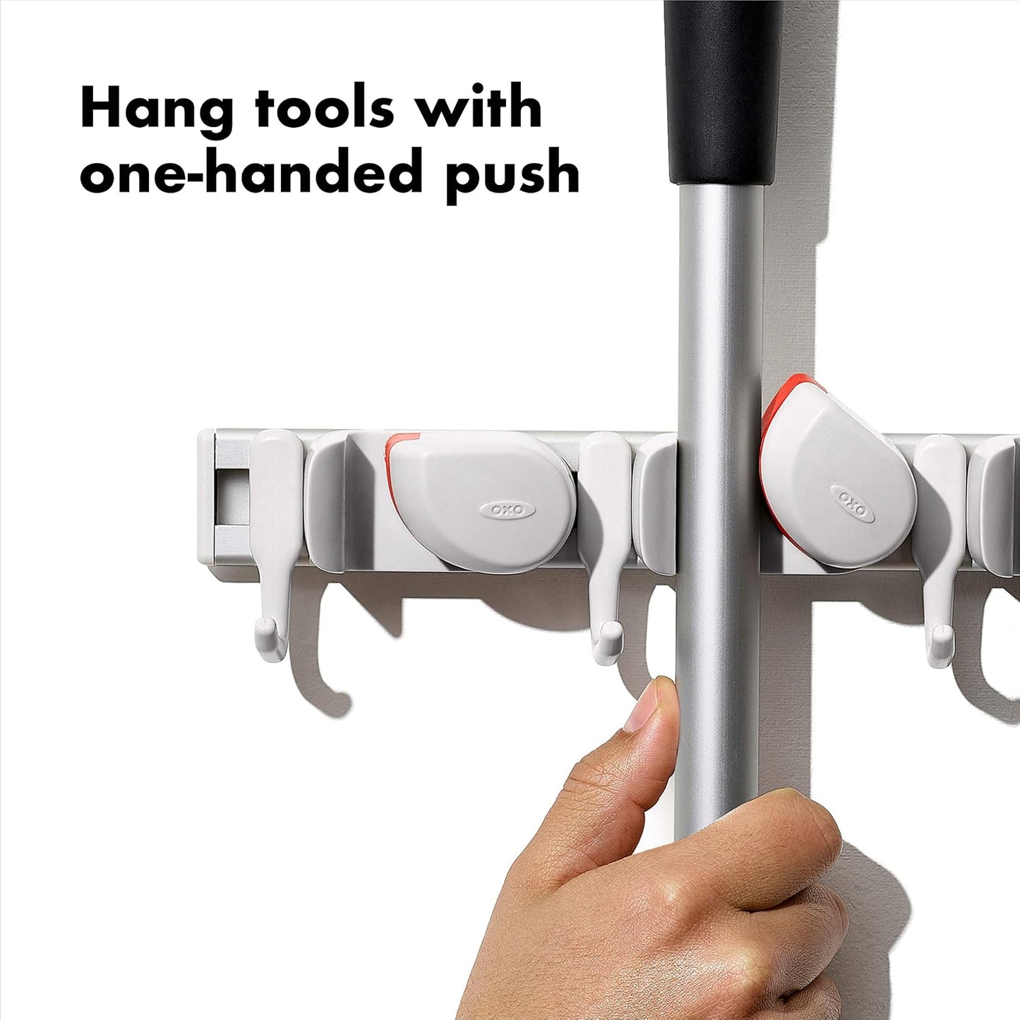 OXO Good Grips Wall-Mounted Mop and Broom Organizer | Customizable Organization, Holds Up to 5 Tools, Ideal for Garage, Mudroom, or Utility Storage