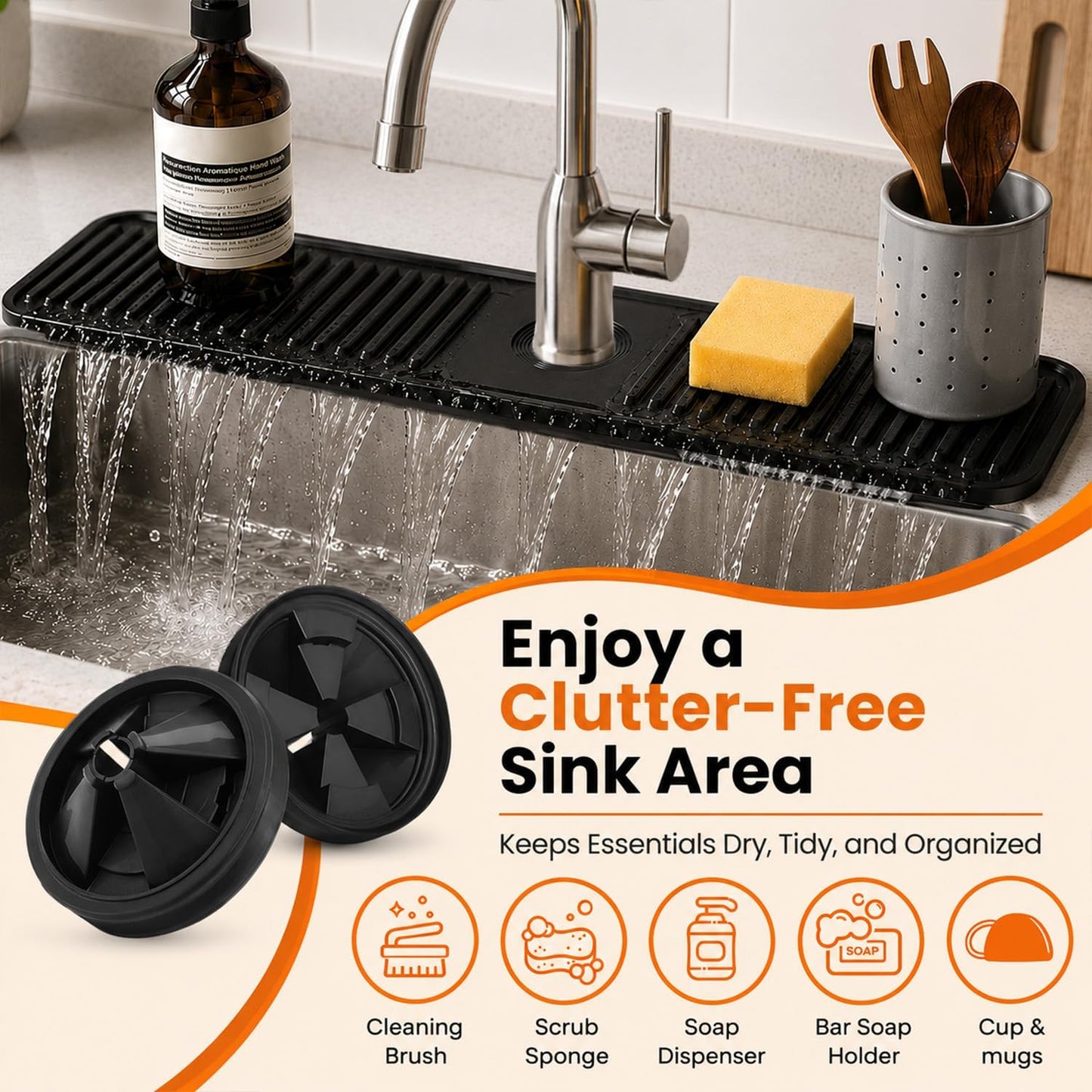 24 Inch Silicone Faucet Mat for Kitchen Sink Splash Guard, W/Sink Baffle | BPA-free silicone, Heat-resistant, non-slip, and built to withstand daily kitchen use, dishwasher safe and simple to rinse