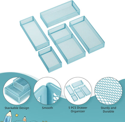 Marbrasse 5 Pack Desk Drawer Organizer Set, Mesh Drawer Storage Trays with 1 Adjustable Divider, Desk Organizers and Accessories, 5 PCS Drawer for Office Supplies, Makeup & Vanity (Black)