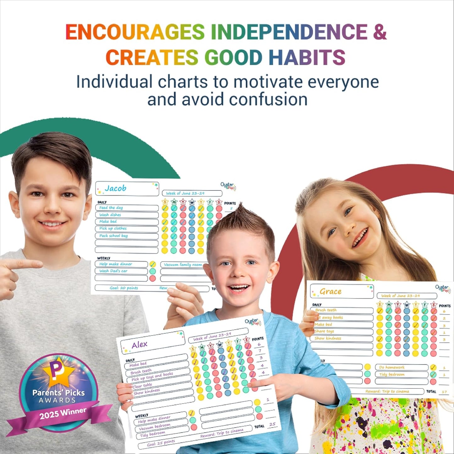 Oyster&Pop Black Chore Charts for Multiple Kids - 3 Pack Magnetic Dry Erase | Build responsibility, independence and routines - give kids and teens their own black magnetic board and weekly rewards
