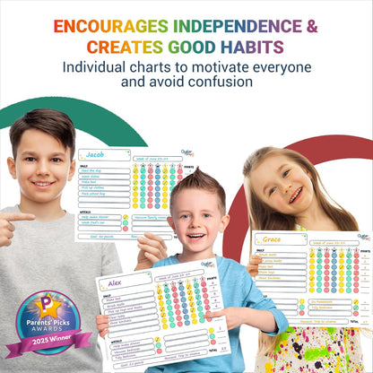 Oyster&Pop Black Chore Charts for Multiple Kids - 3 Pack Magnetic Dry Erase | Build responsibility, independence and routines - give kids and teens their own black magnetic board and weekly rewards