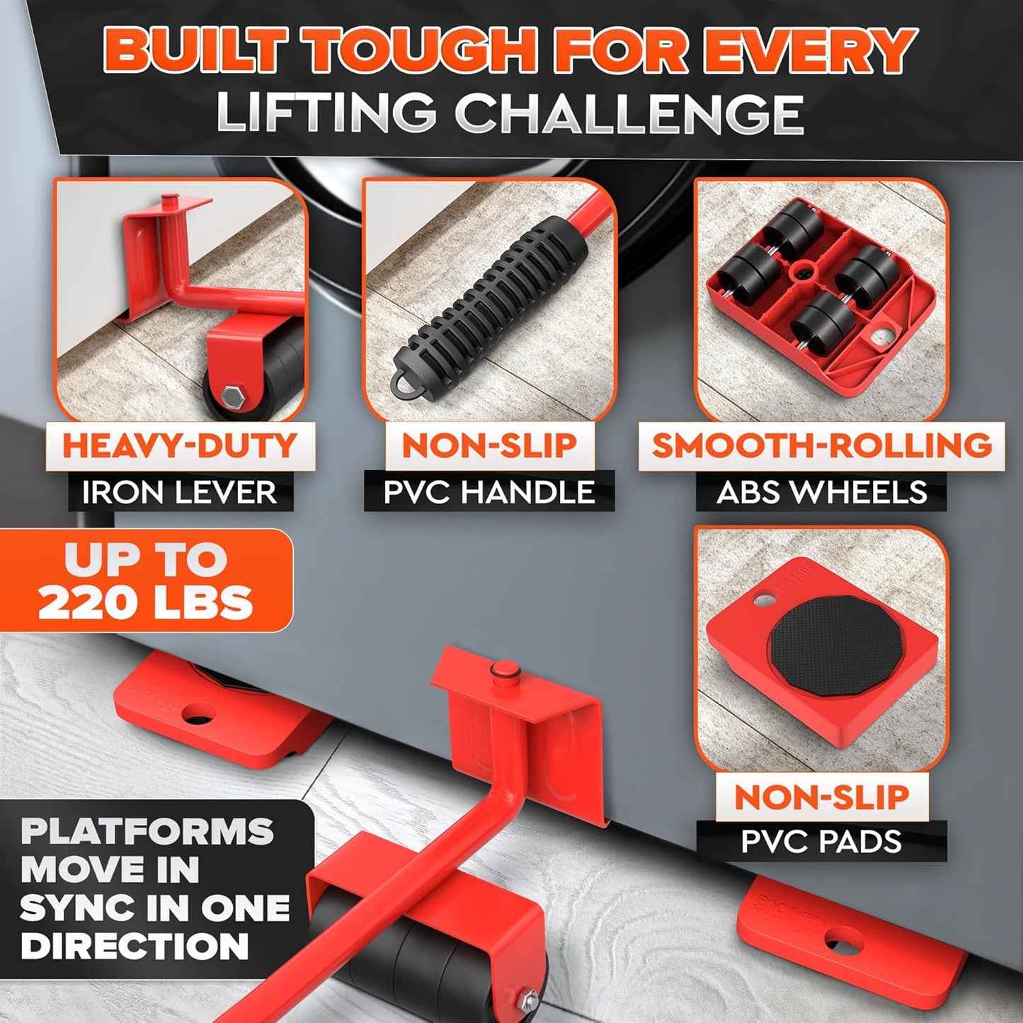 Furniture Movers with Wheels, Up to 220 Lbs Lifter with 4 Sliders | Furniture Lifting Tool Set; 11.9 In Steel Lever; ABS Rollers; for Sofas, Beds & Dressers; Hard Floors Only, Not for Carpet