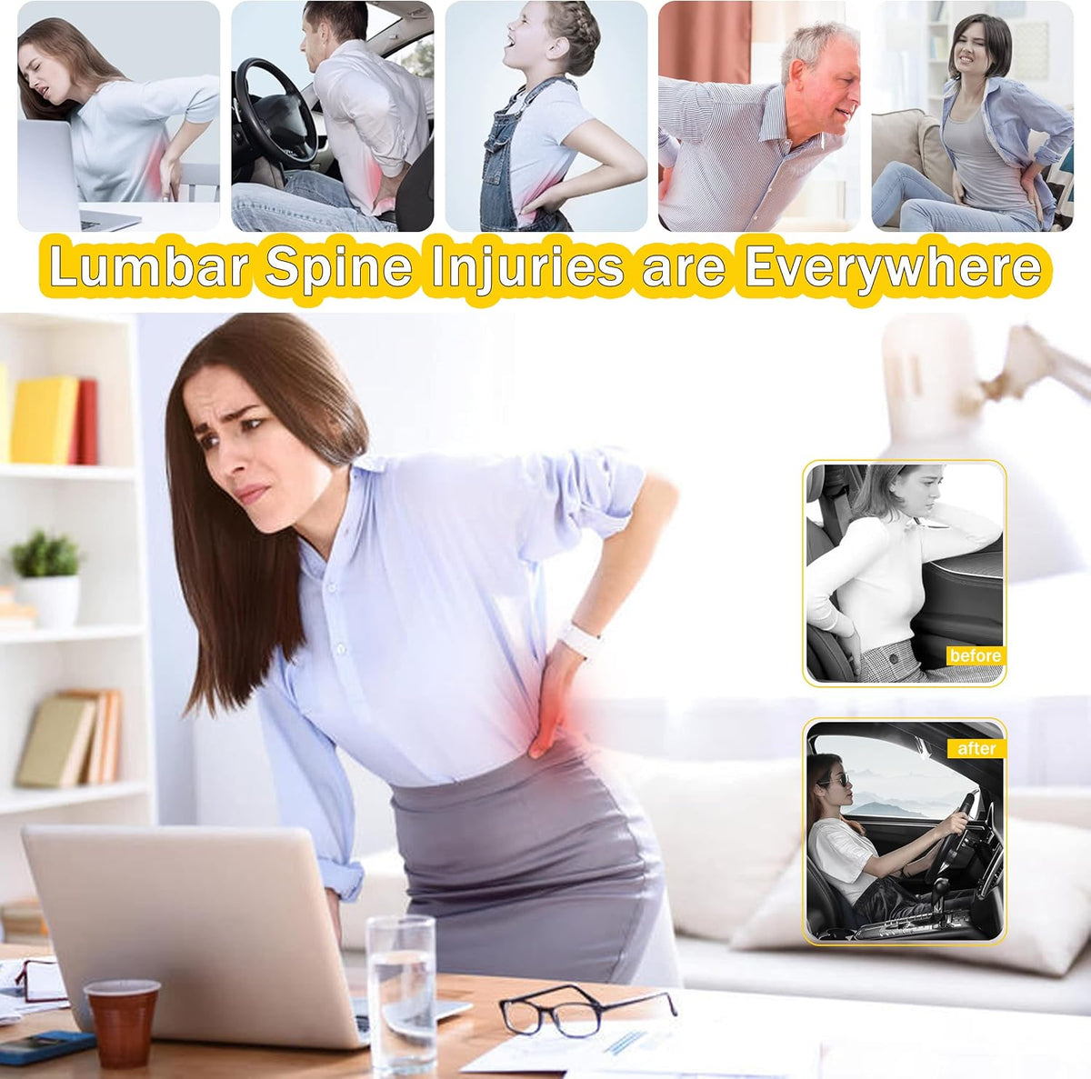 Super Cozy Lumbar Support Pillow for Car/Office Chair, 100% Memory Foam