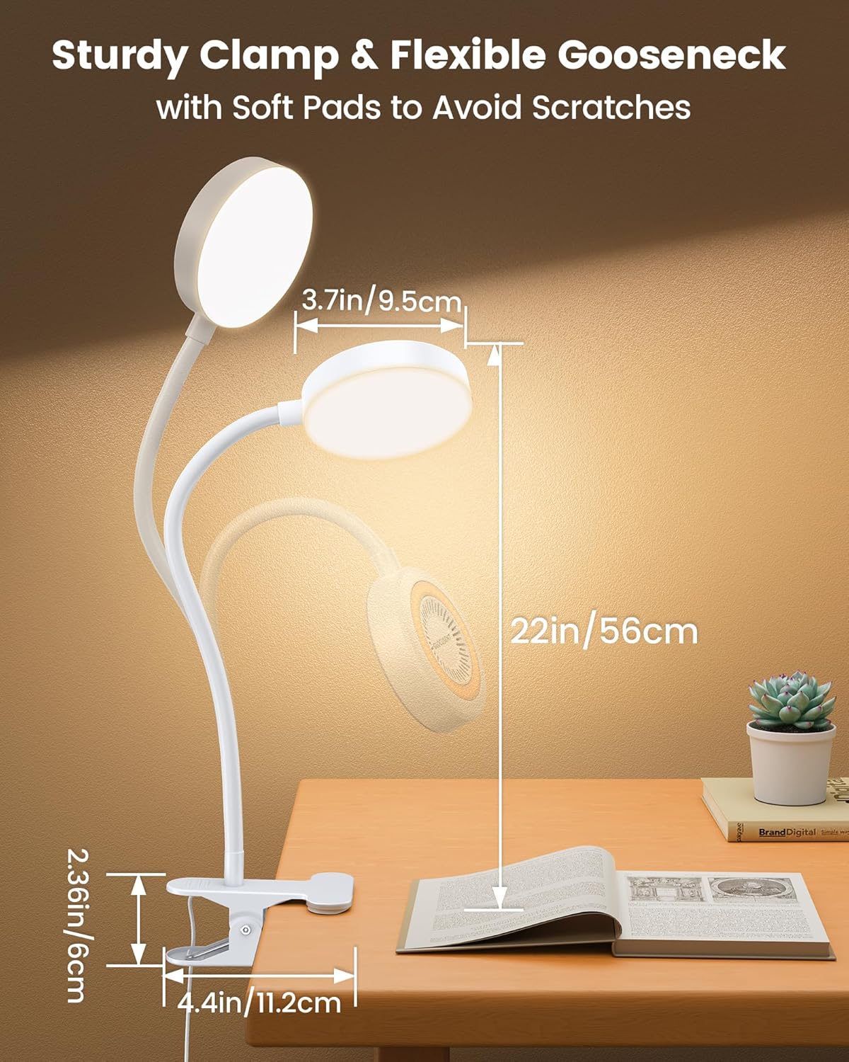 Glocusent 72 LED Desk Lamp, Bed Lamp with Amber Ring& Amber Mode | 3 Colors & 5 Brightness, 2.75" Clamp & 30Min Timer, USB Powered with Remote, Clamp Light for Headboard/Dorm/Bunk/Work/Craft