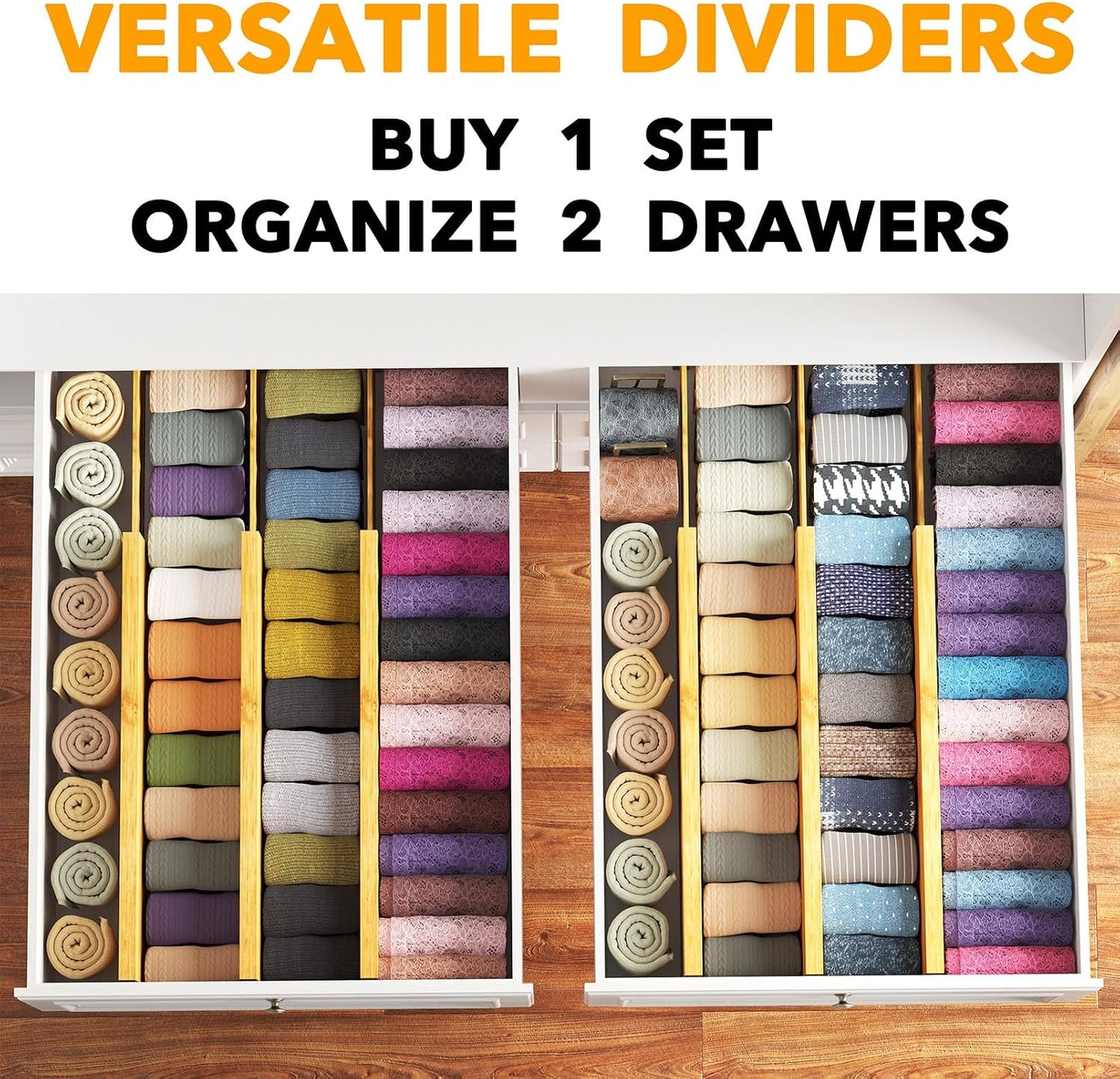 SpaceAid Bamboo Dresser Drawer Dividers 6 Pack, 4.65“ High Adjustable 12.5“-17” Drawer Organizers, Expandable Organization for Clothing, Clothes, Dressers, Natural