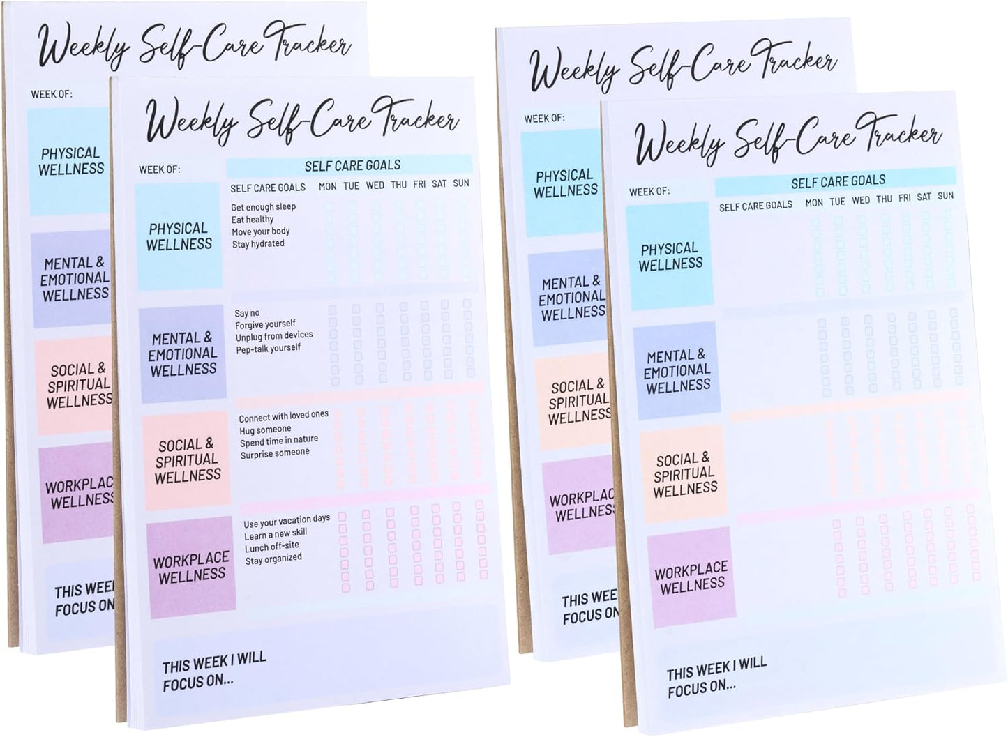 4 Pack Self Care Weekly Tracker Notepads (2 Blank + 2 Guided), 6 ''x 9'' | Planner Pads, 52 Pages Each, Undated Self Care Pads for Physical, Mental and Emotional, Social and Spiritual, Workplace