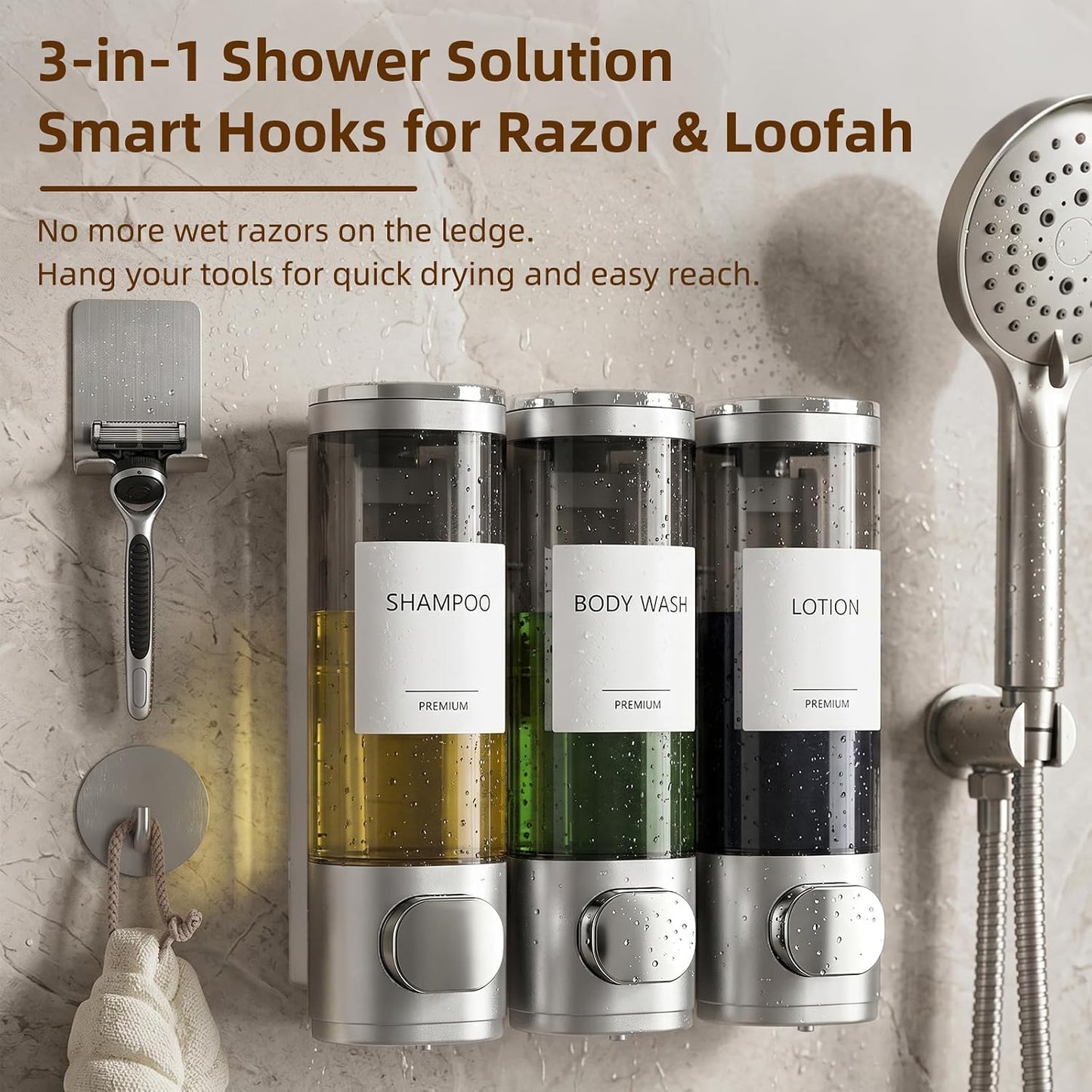GMISUN Shower Soap Dispenser Wall Mounted with Razor Holder & Loofah Hook, No Drill Design Shampoo and Conditioner Dispenser, Plastic Shower Soap Dispenser Bottles with Labels Set of 3,Satin Silver