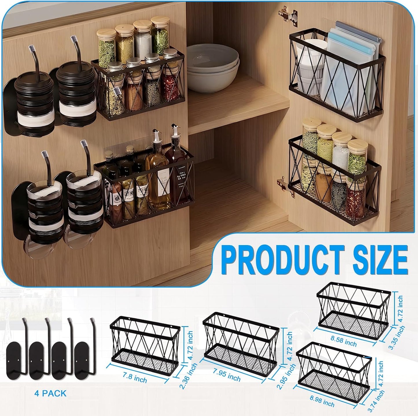 8 Pack Cabinet Door Organizer,No Drill Adhesive Metal Pot Lid Holder with 4 Storage Baskets &4 Tumbler Lid Holders,Rustproof Inside Cabinet Food Container Lid Storage Rack for Kitchen Pantry Bathroom