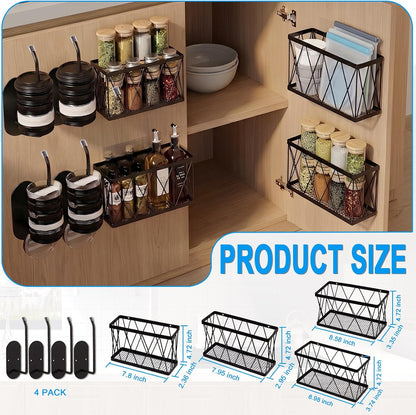 8 Pack Cabinet Door Organizer,No Drill Adhesive Metal Pot Lid Holder with 4 Storage Baskets &4 Tumbler Lid Holders,Rustproof Inside Cabinet Food Container Lid Storage Rack for Kitchen Pantry Bathroom