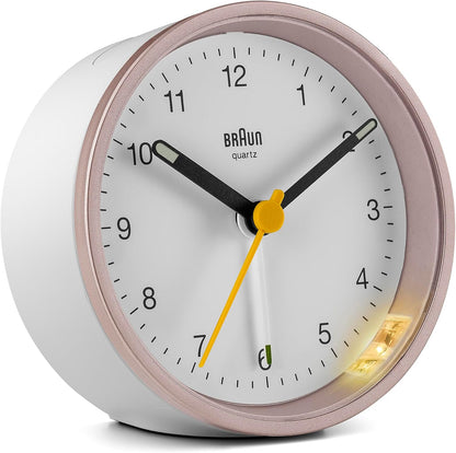 Braun Classic Analogue Alarm Clock with Snooze and Light, Quiet Quartz Movement, Crescendo Beep Alarm in White, Model BC12W.