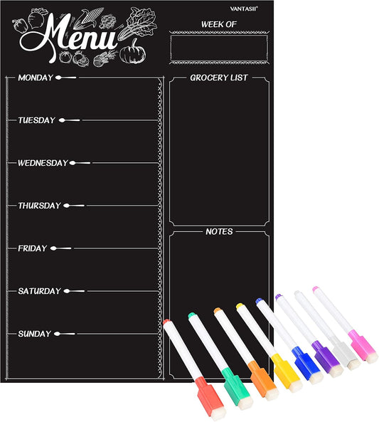 Magnetic Refrigerator Chalkboard,Weekly Menu, Meal Planner, Grocery Shopping List, Dry Erase Board, for Kitchen Fridge with 8 Color Magnetic Markers (16inchx12inch)
